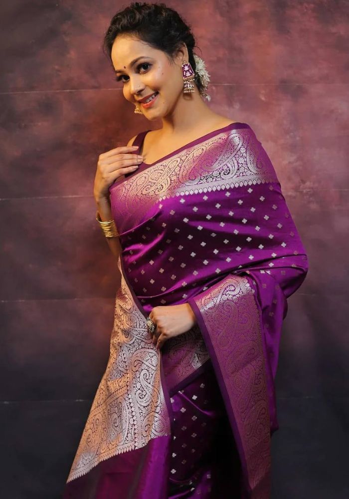Royal Magenta Lichi Silk Saree with Golden Zari Border