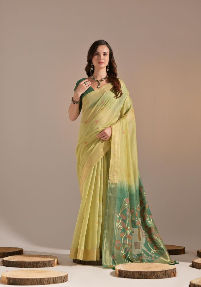 Festive Pista Sari with Embroidered Buttis and Bold Border