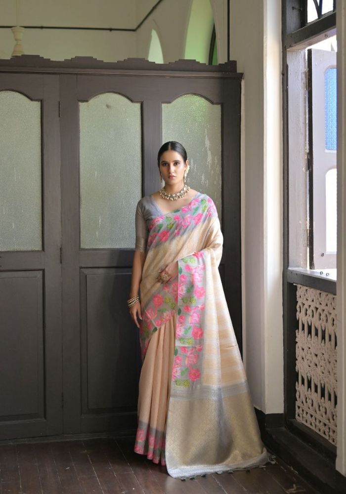 Ethereal Gray Silk Saree with Floral Border