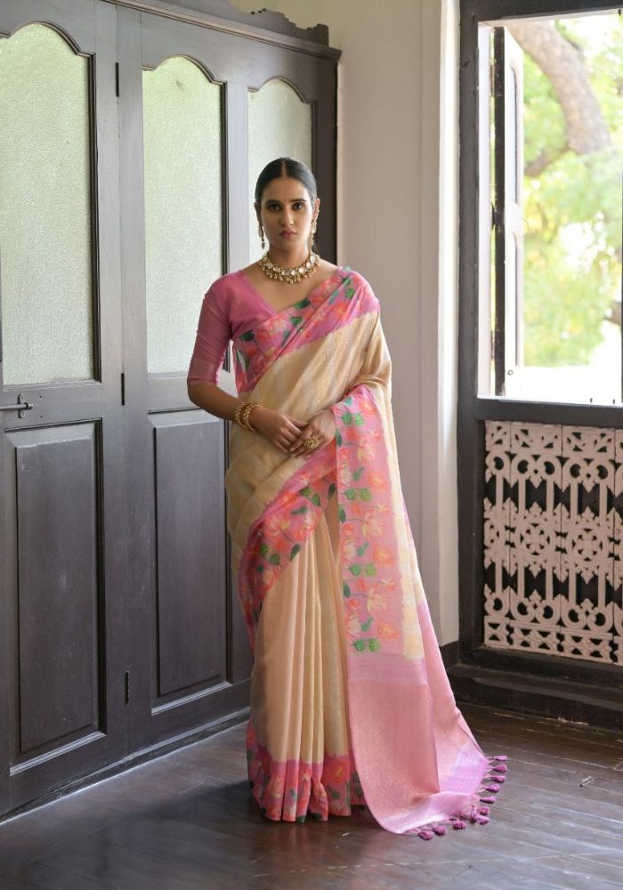 Ethereal Pink Silk Saree with Floral Border