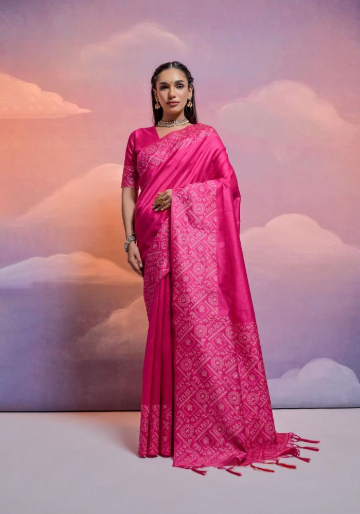 Traditional Hot Pink Silk Saree with Golden Zari Work