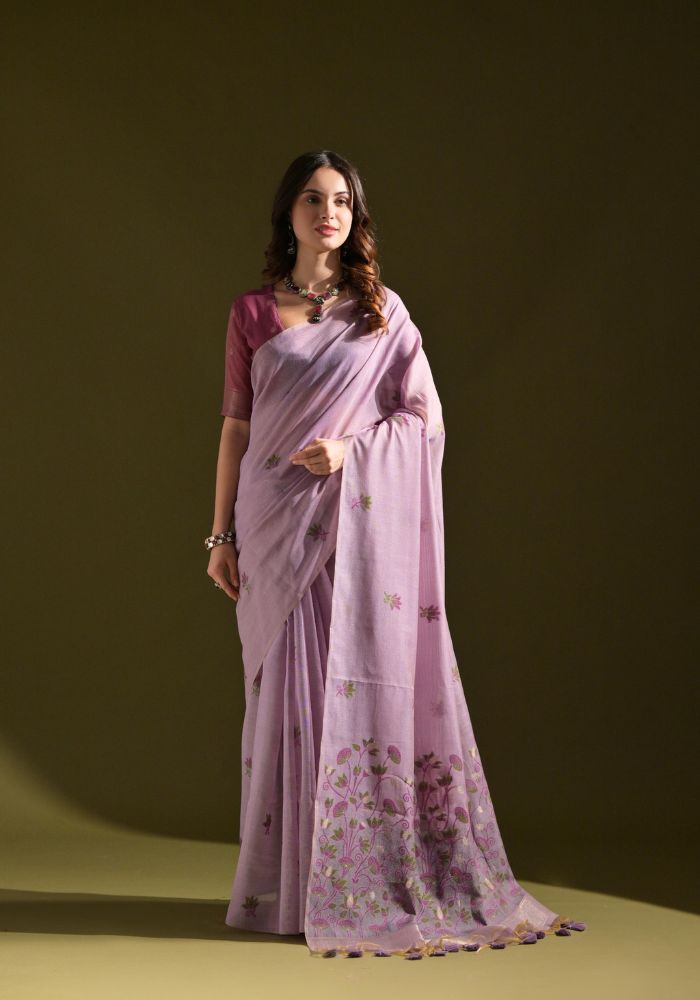 Elegant Purple Cotton Saree with Delicate Floral Embroidery