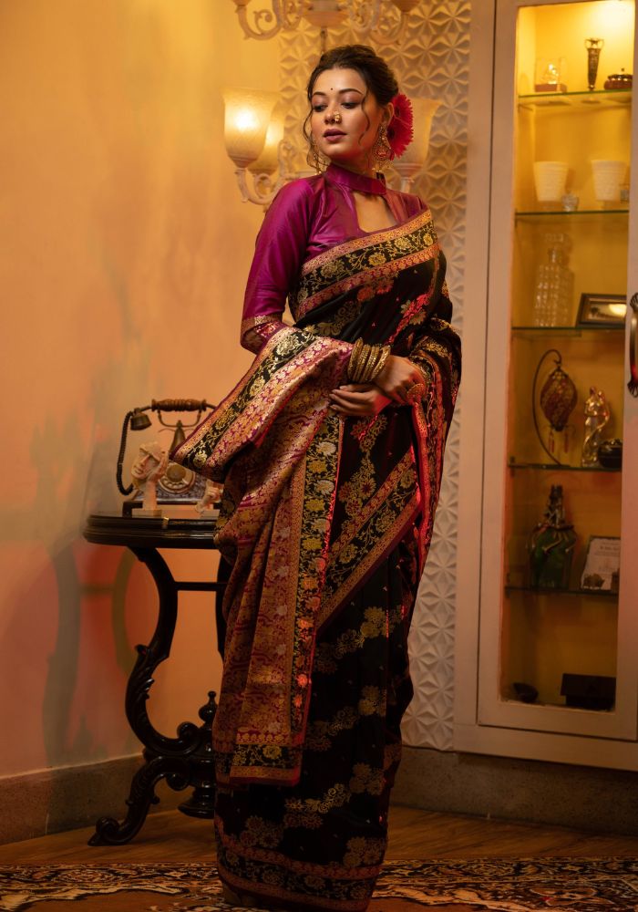 Black Banarasi Silk Saree with Intricate Zari Weaving