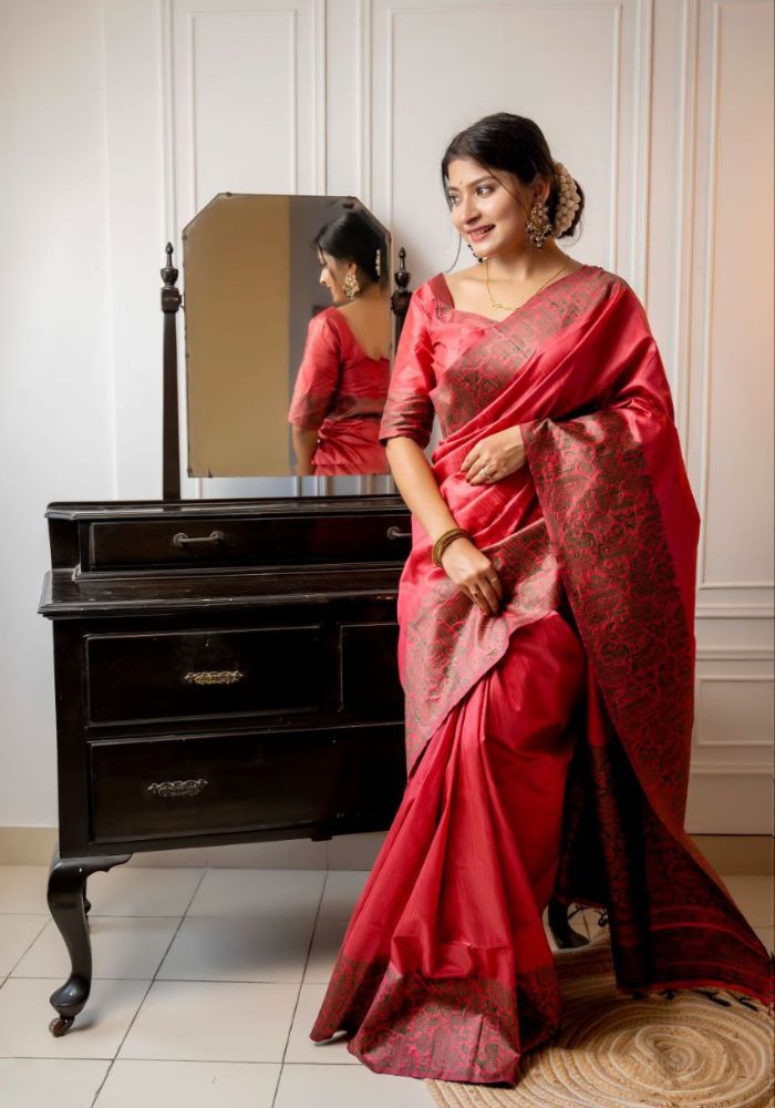 Red Handloom Raw Silk Saree