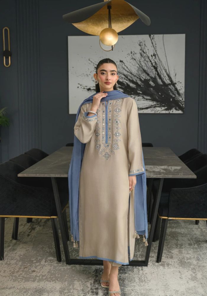 Beige Embroidered Chanderi Silk Kurta Set with Chinon Dupatta