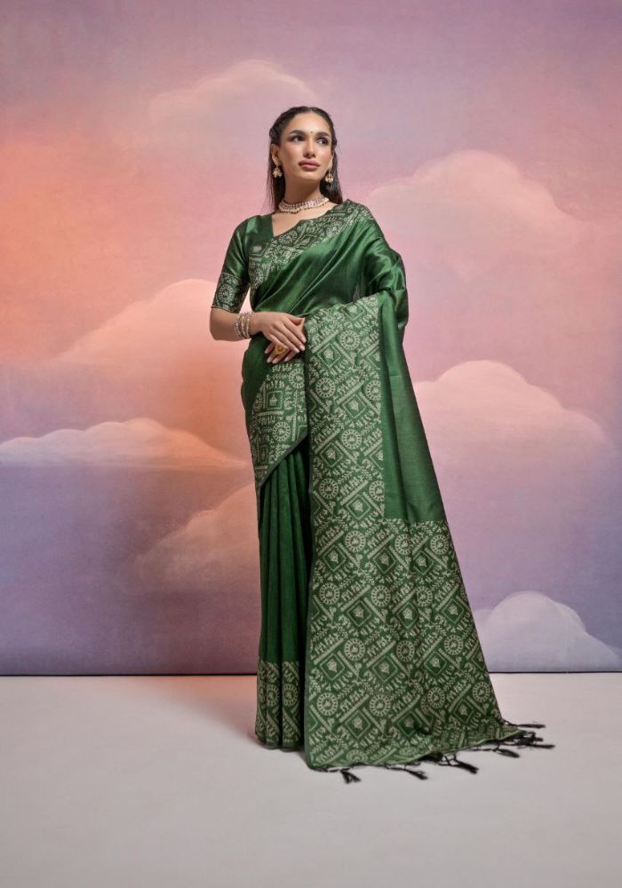 Traditional Forest Green Silk Saree with Golden Zari Work