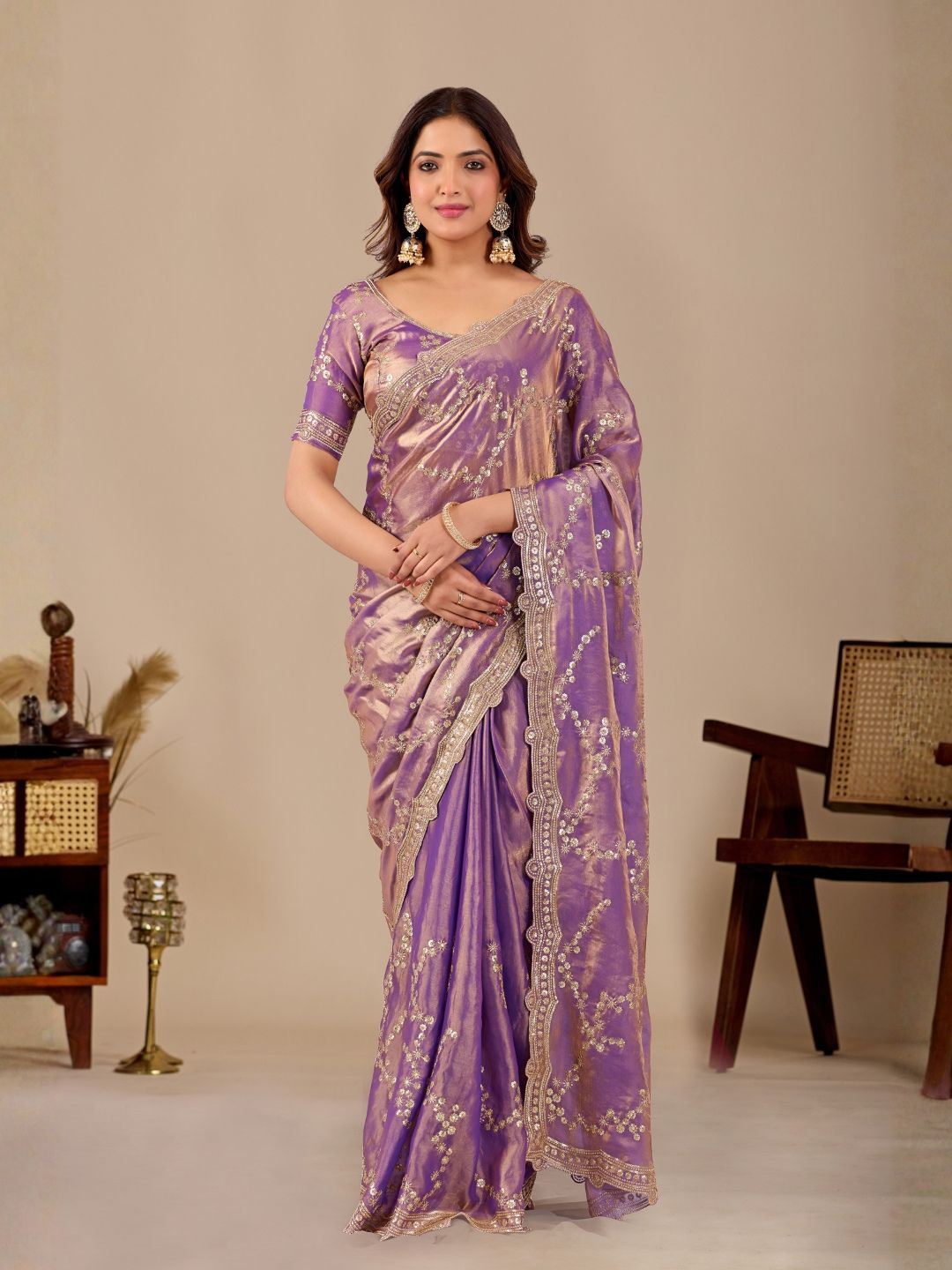 Lavender Embroidered Silk Saree with Designer Blouse for Wedding & Festive Wear
