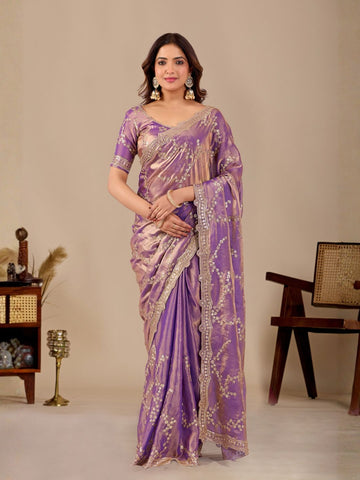 Lavender Embroidered Silk Saree with Designer Blouse for Wedding & Festive Wear