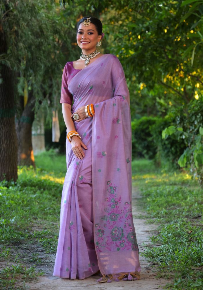 Graceful Soft Muga Purple Cotton Saree with Resham Floral Weaving & Tassels