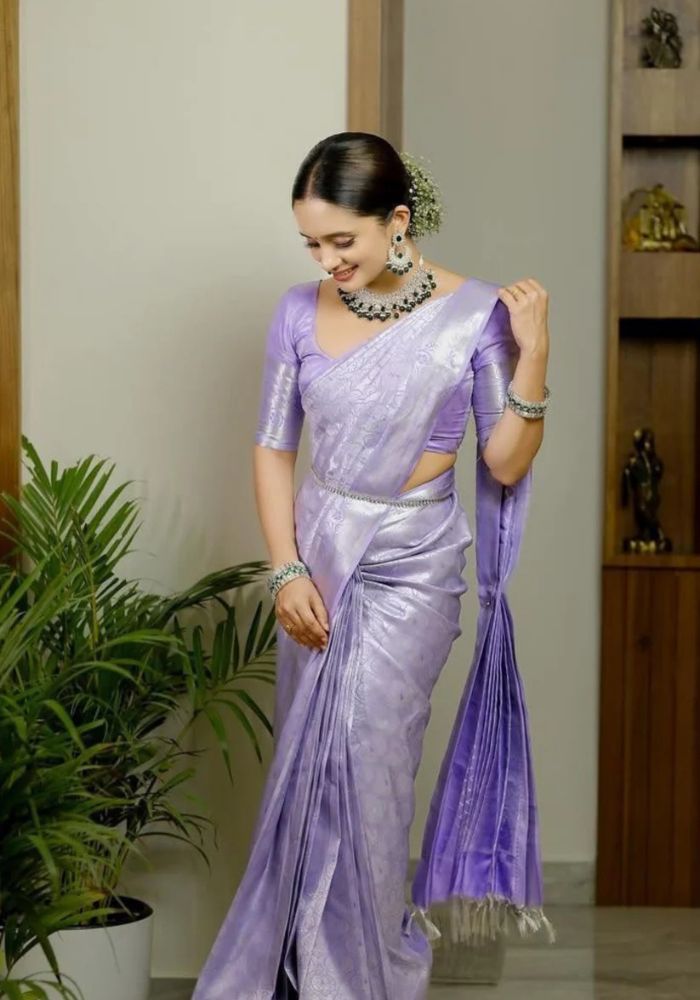 Lavender Banarasi Satin Silk Saree with Golden Zari Border