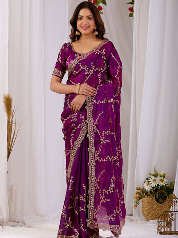 Royal Purple Embroidered Silk Saree with Designer Blouse for Wedding & Festive Wear