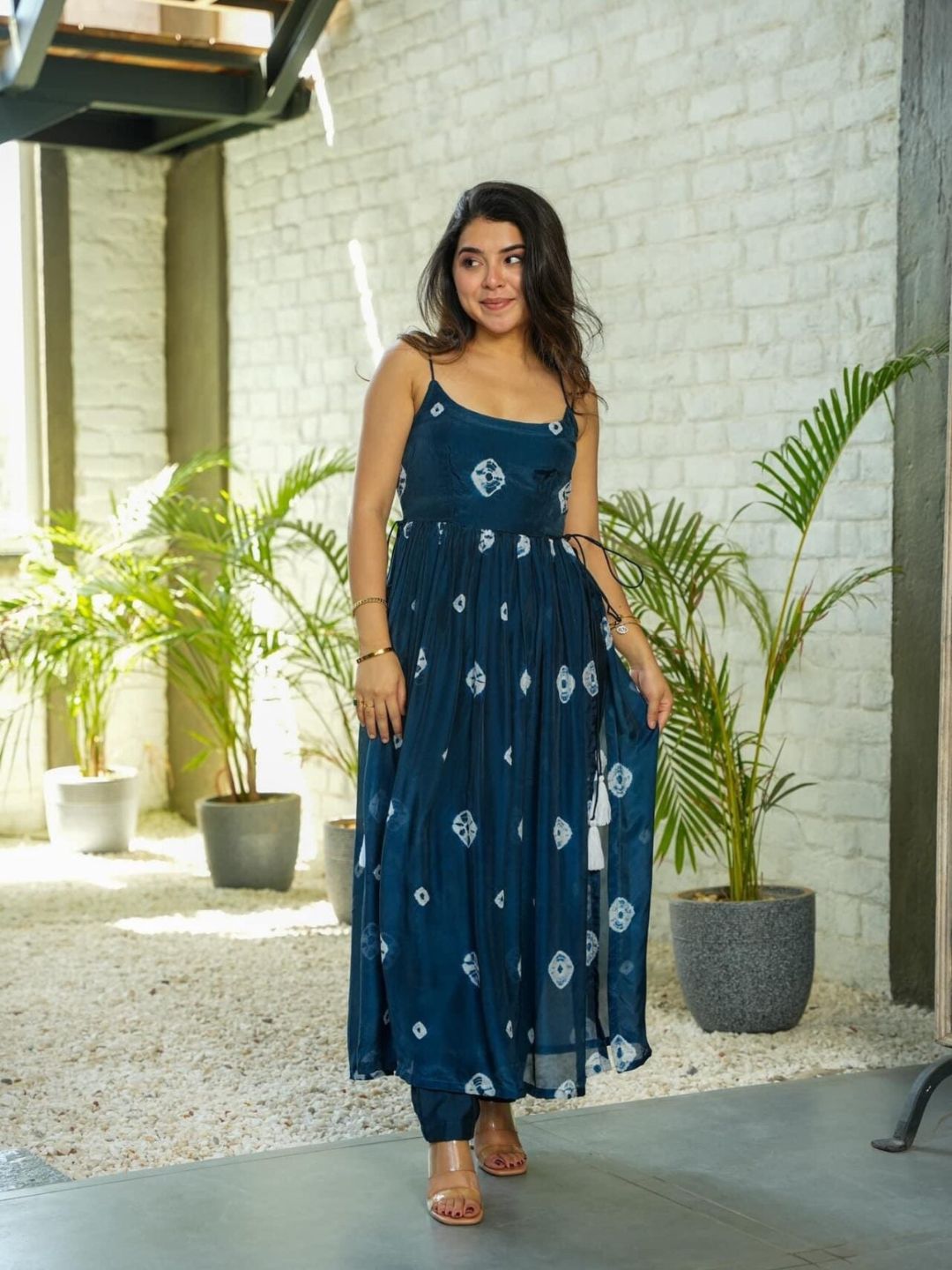 Navy blue printed Taby Silk Nyra Cut kurta set for women