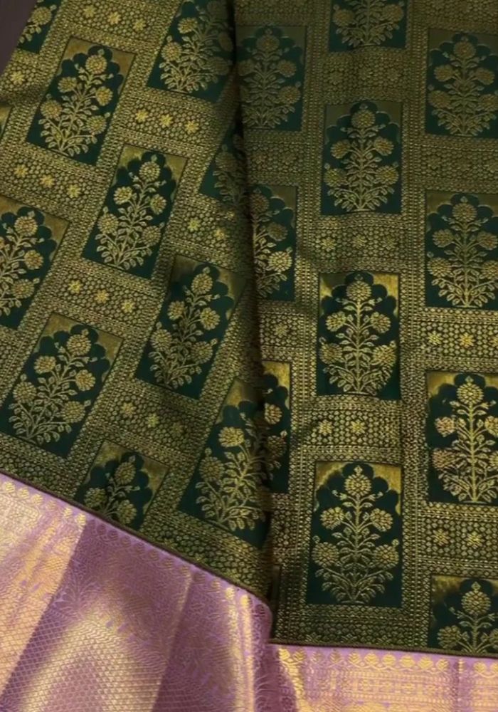 Dark Green Banarasi Satin Silk Saree with Golden Zari Weaving
