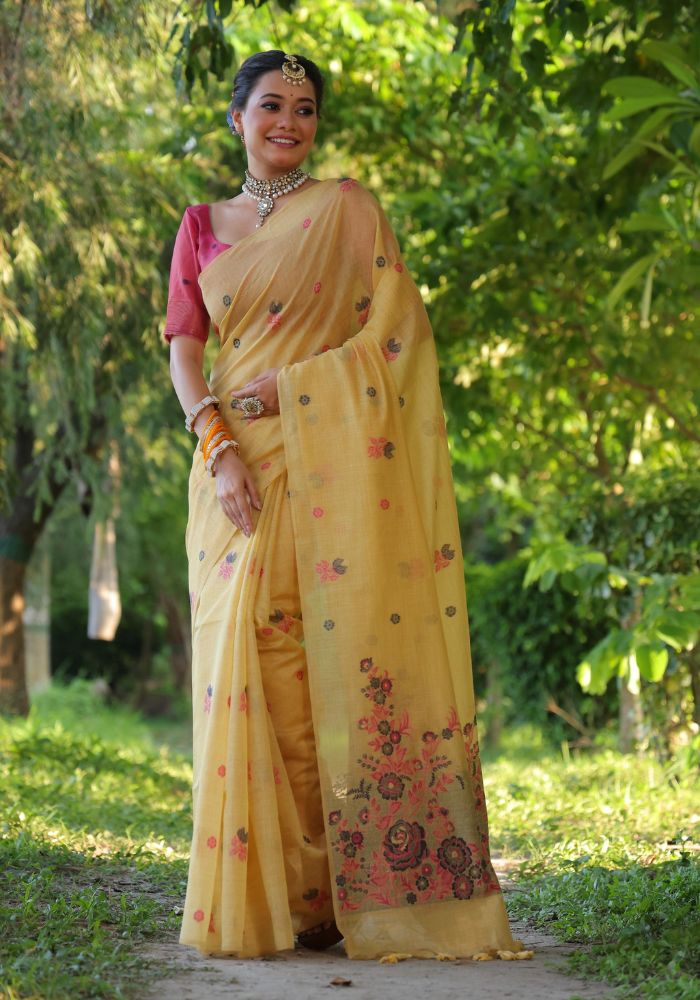 Graceful Soft Muga Yellow Cotton Saree with Resham Floral Weaving & Tassels