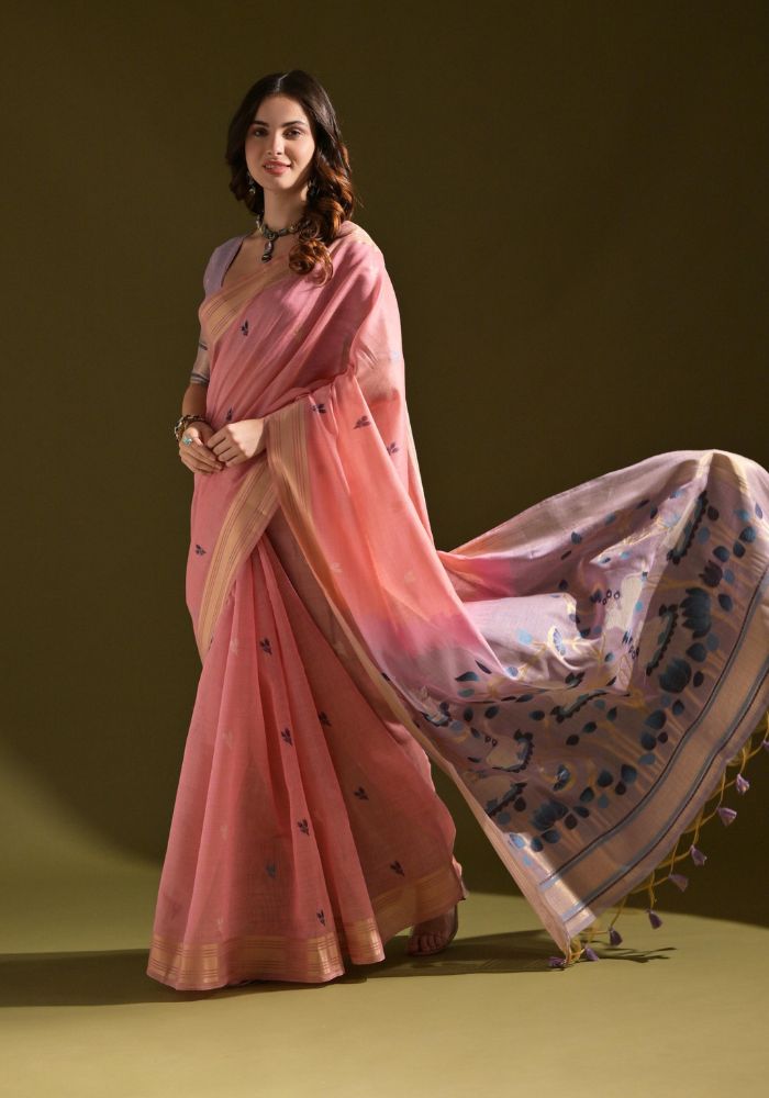 Designer Cotton Pink Saree with Lotus Print