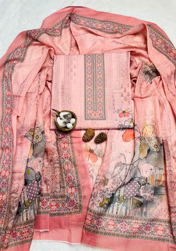 Bloom Blush Ethereal Floral Printed Cotton Dress Material