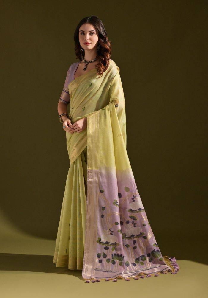 Designer Cotton Leamon Yellow Saree with Lotus Print