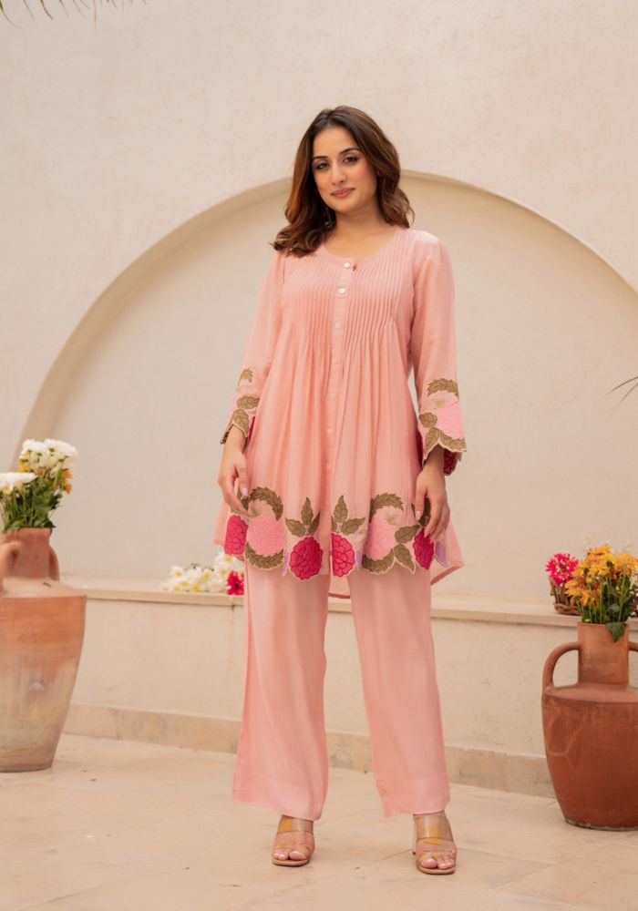 Peach Embroidered Chanderi Silk Co-Ord Set for Women