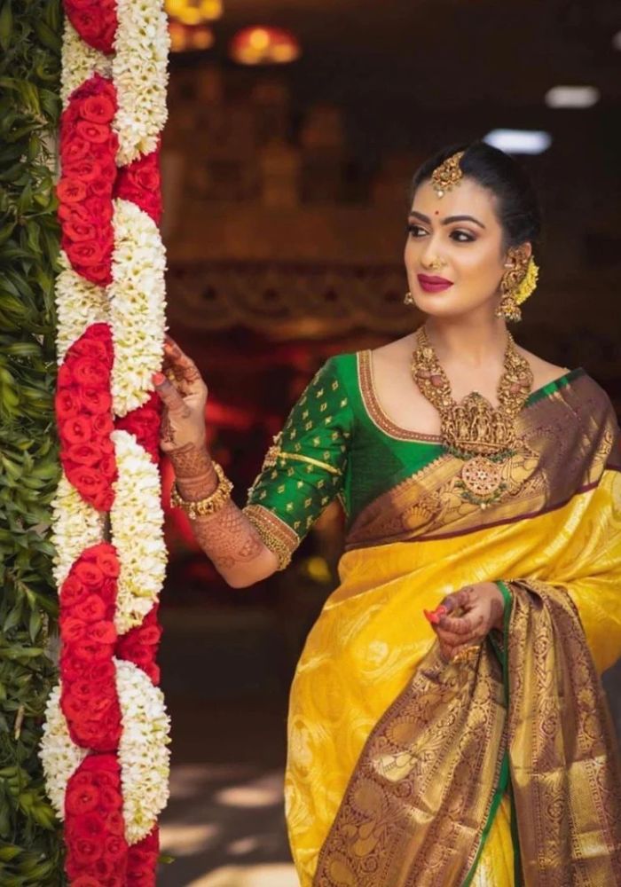 Mustard Yellow Banarasi Satin Silk Saree with Golden Zari & Brown Border