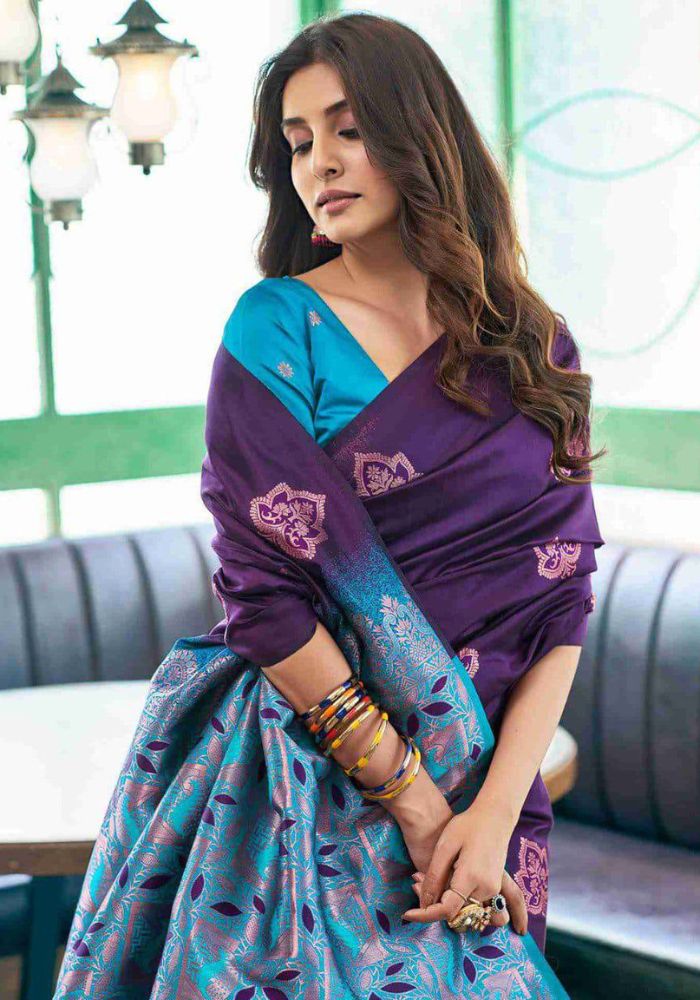 Woman purple and blue saree