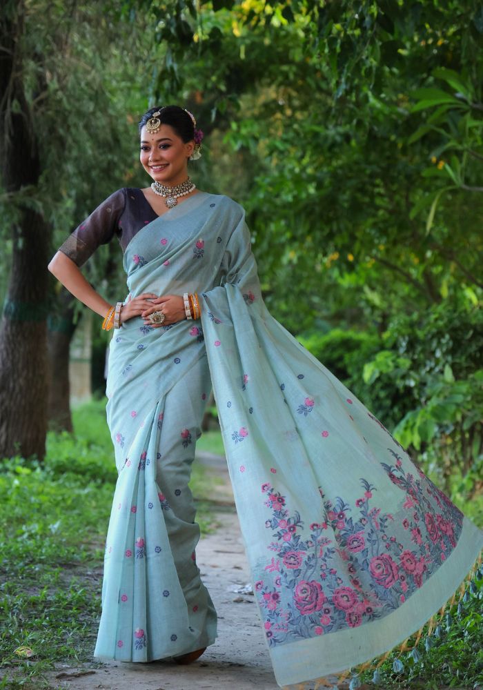 Graceful Soft Muga Sky Cotton Saree with Resham Floral Weaving & Tassels