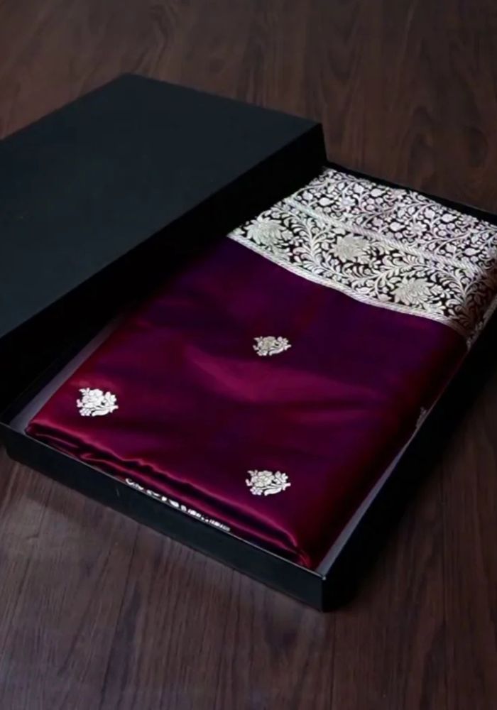 Classic Wine Banarasi Silk Saree with Silver Zari Floral Border & Buti Motifs
