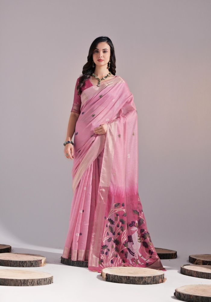 Festive Pink Sari with Embroidered Buttis and Bold Border