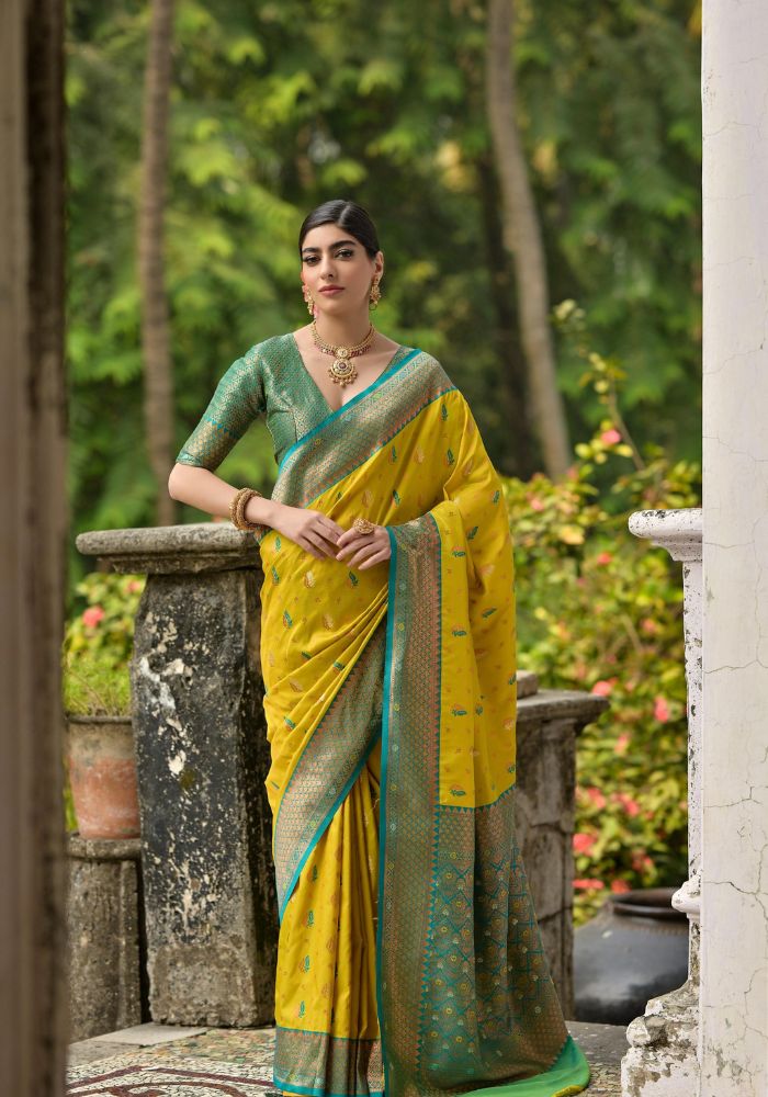 Traditional Banarasi Silk Saree in Yellow with Floral Weaving