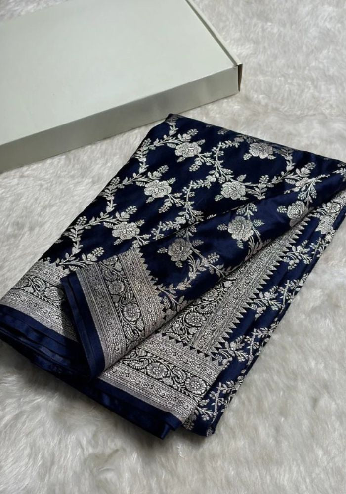 Royal Midnight Blue Banarasi Silk Saree with Silver Zari Floral Weaving