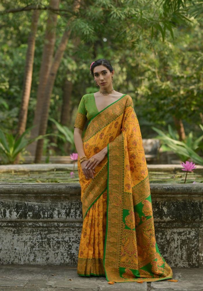 Luxury Woven Pashmina Silk Mustard Saree with All-Over Floral Design & Contrast Pallu