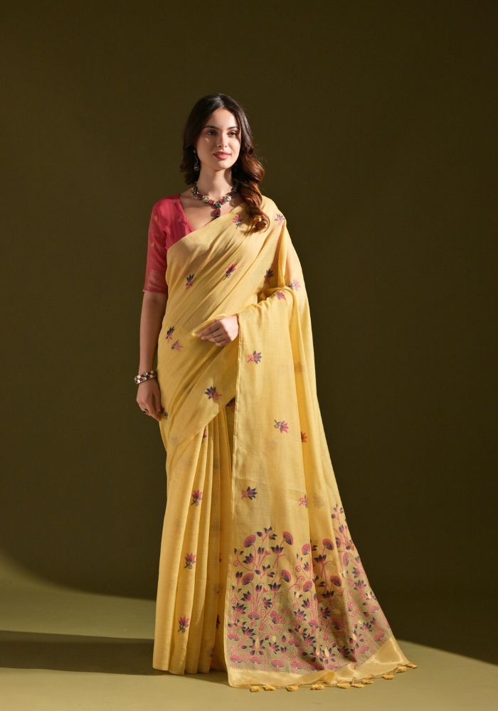 Elegant Mustard Cotton Saree with Delicate Floral Embroidery