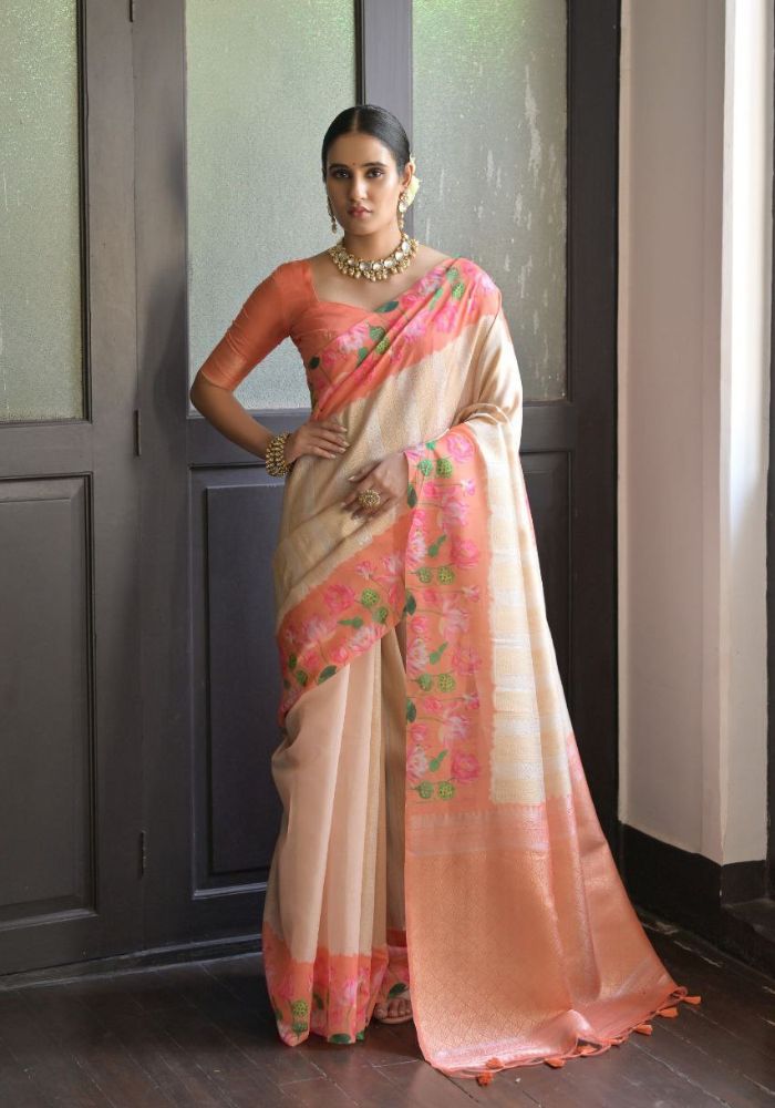 Ethereal Peach Silk Saree with Floral Border