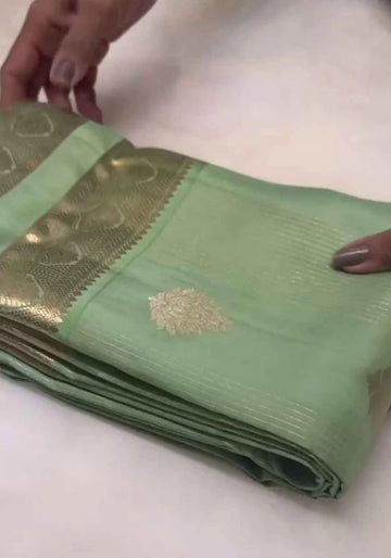 Mint Green Half-Mix Kanjivaram Silk Saree with Zari Buta Motifs & Golden Border