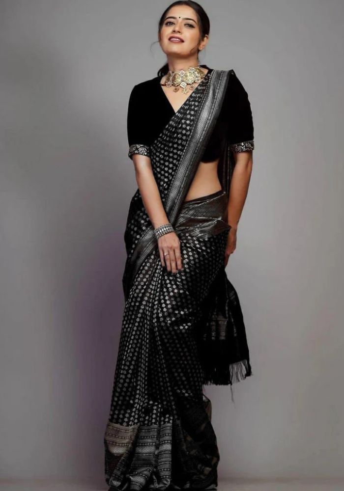 Elegant Black Banarasi Satin Silk Saree with Silver Zari Woven Motifs & Rich Border