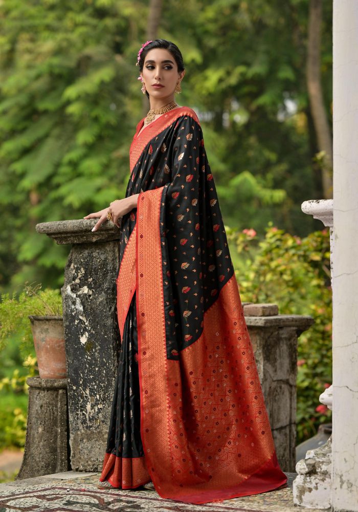 Traditional Banarasi Silk Saree in Black with Floral Weaving