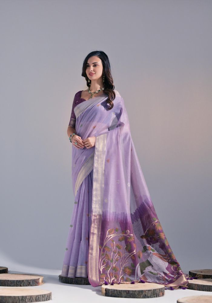 Festive Purple Sari with Embroidered Buttis and Bold Border