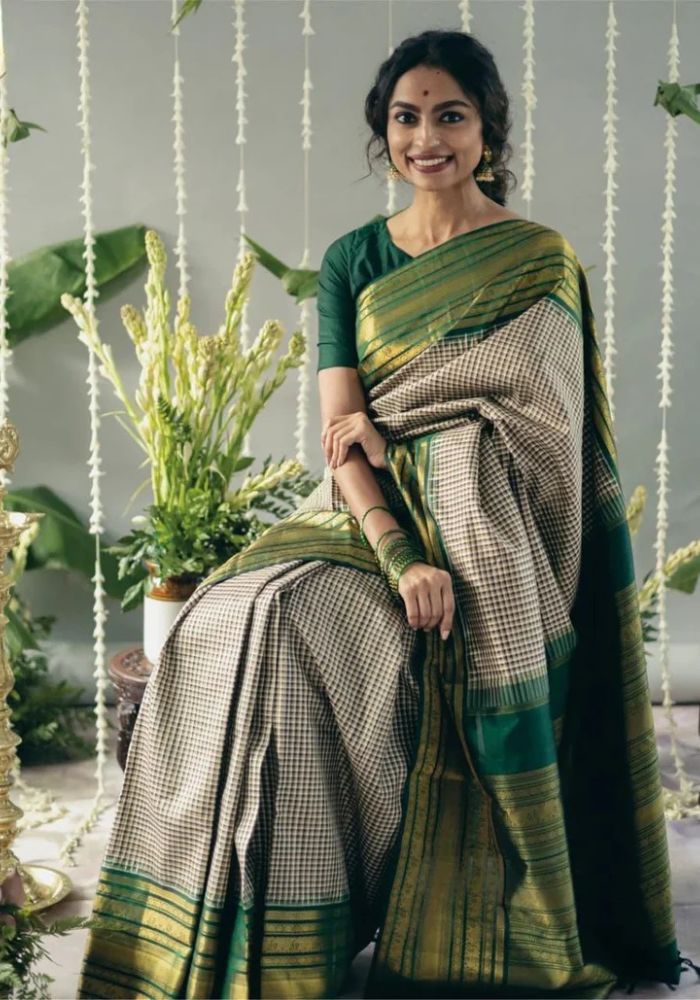 Classic Dark Green Banarasi Satin Silk Saree with Golden Zari Woven Border