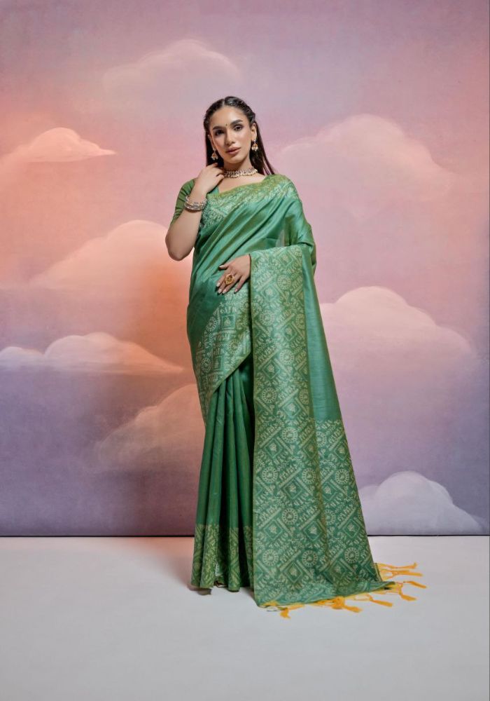 Traditional Leaf Green Silk Saree with Golden Zari Work