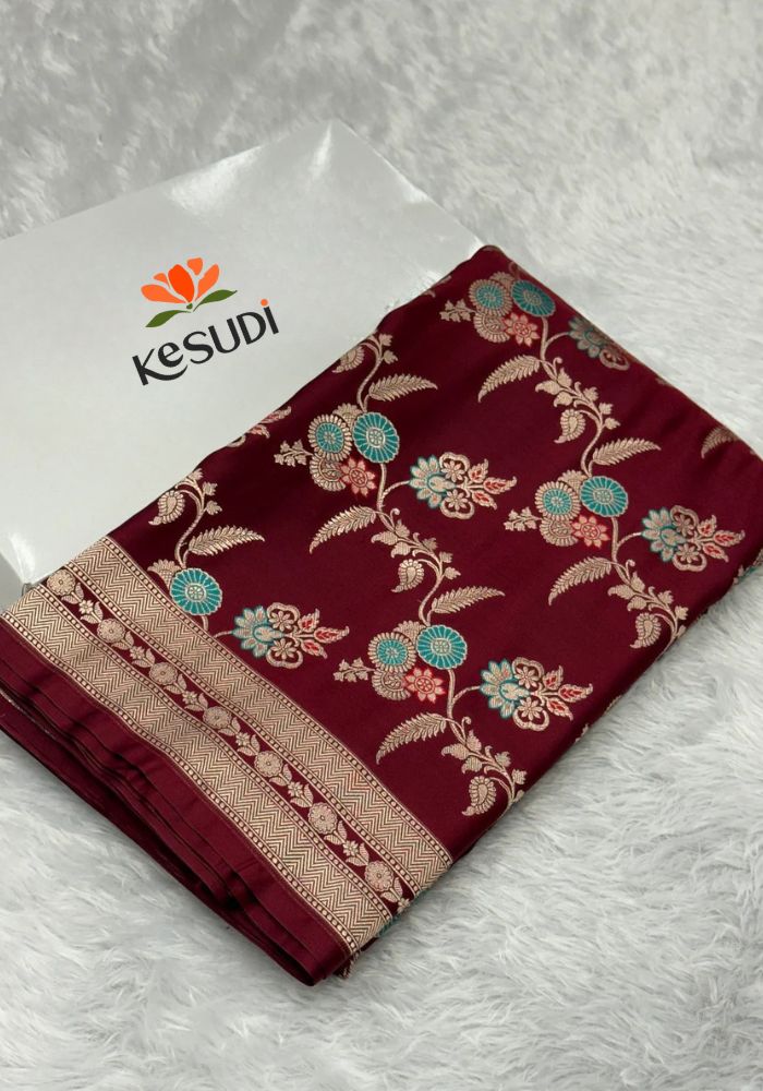 Maroon Banarasi Mashru Katan Silk Saree