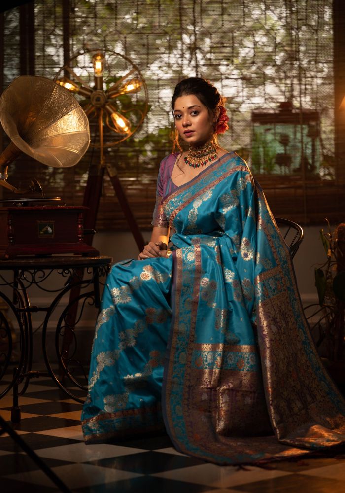 Sky Banarasi Silk Saree with Intricate Zari Weaving