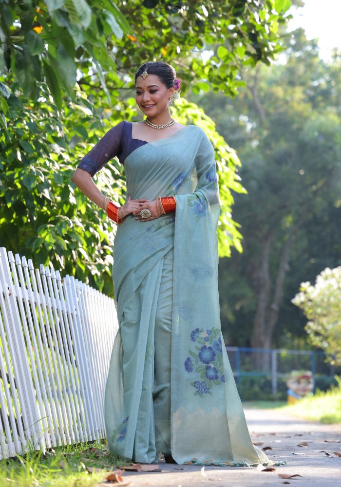 Elegant Sky Cotton Saree with Delicate Floral Print