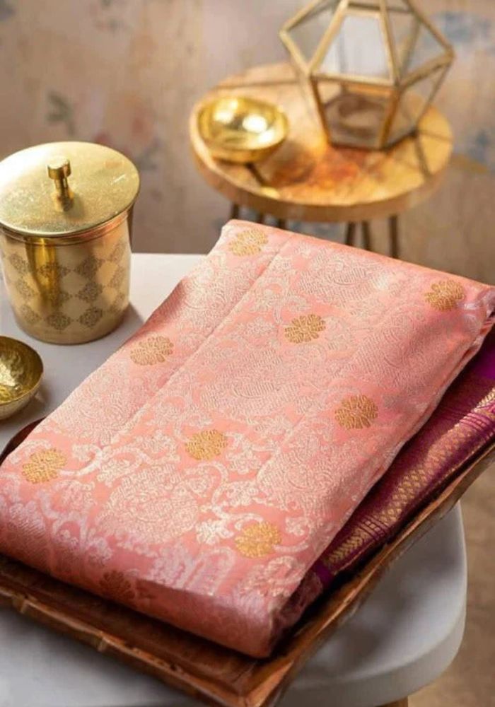 Peach Banarasi Satin Silk Saree with Golden Zari & Magenta Border