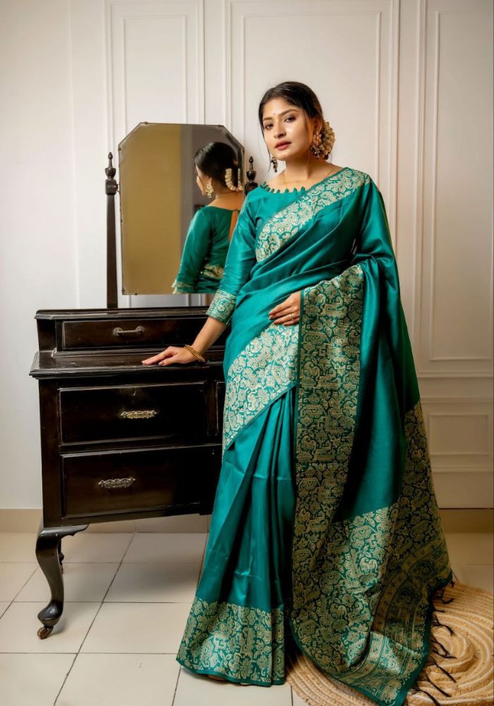 Timeless Handloom Raw Silk Saree in Teal Blue Weaves