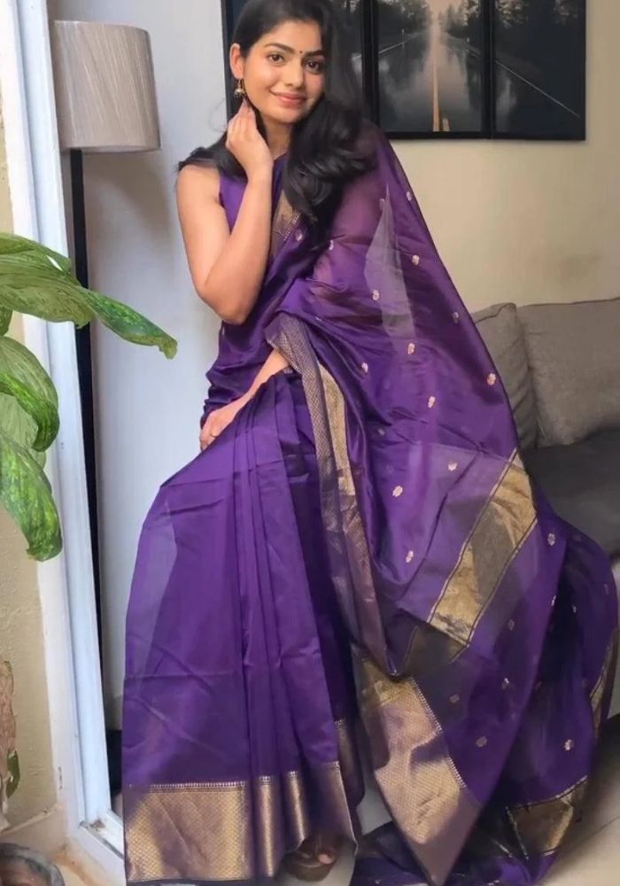 Graceful Purple Banarasi Satin Silk Saree with Golden Zari Woven Motifs & Rich Border