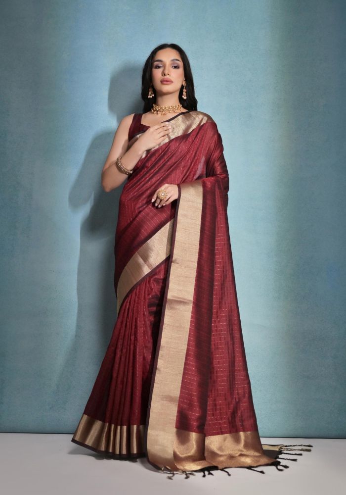 Timeless Maroon Silk Saree with Rich Golden Accents