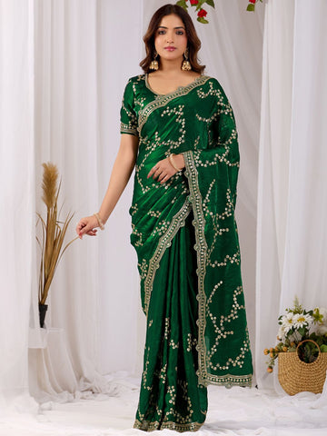 Emerald Green Embroidered Silk Saree with Designer Blouse for Wedding & Festive Wear