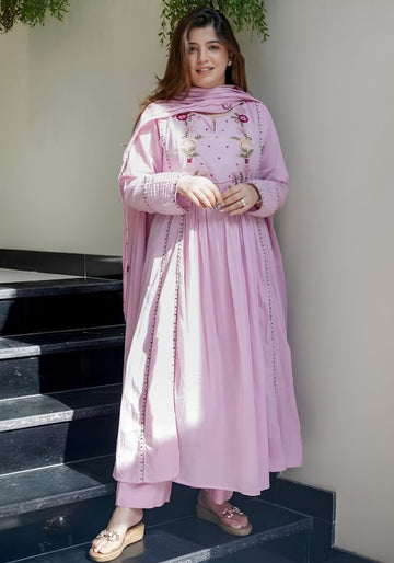 Lavender Embroidered Chanderi Silk Anarkali Kurta Set