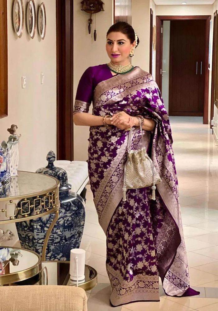 Royal Purple Banarasi Satin Silk Saree with Silver Zari Floral Weaving