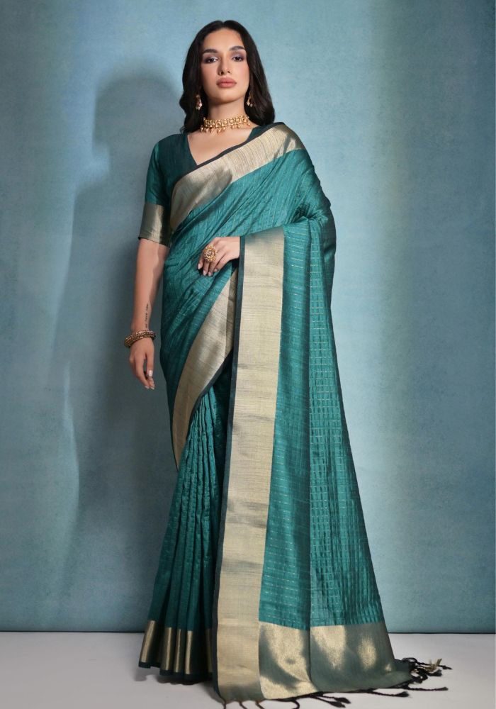 Timeless Teal Blue Silk Saree with Rich Golden Accents