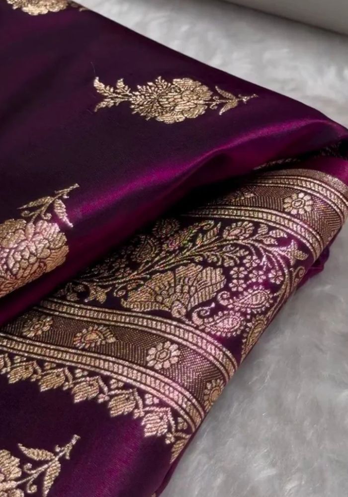 Wine Banarasi Satin Silk Saree with Golden Zari Floral & Temple Border